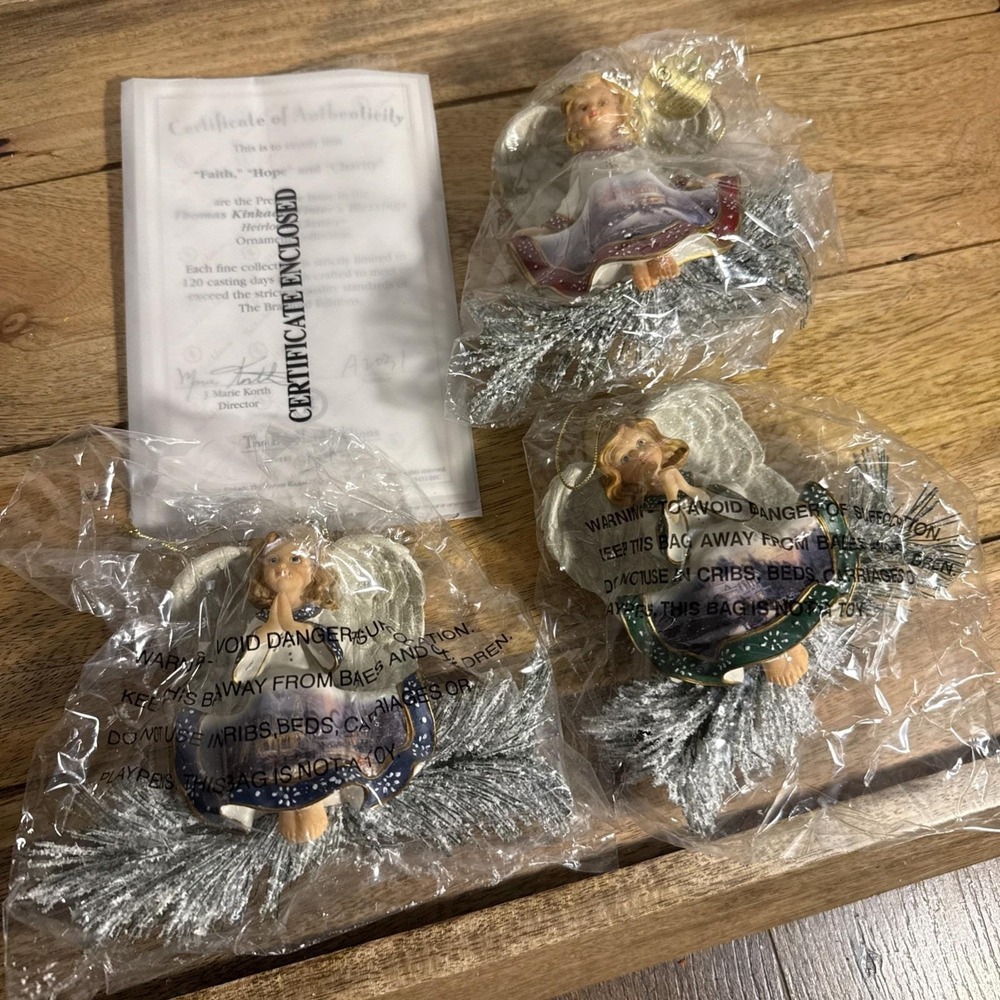 Lot of 3 Thomas Kinkade Winter's Blessings Faith Hope & Charity Ornament Figures